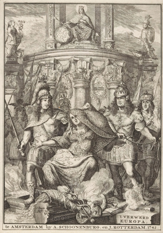 Title page for: Pieter Valckenier, 't Verwerd Europa, ofte Politijke en historische beschryvinge der waare fundamenten, van de oorlogen, in Europa, 1742, Personification of Europe liberated from the net of wars by European rulers, print, title page, The personification of Europe is liberated from the net of wars by European rulers. In the background, a crowned woman sits on a throne with a globe. On either side stand statues of Peace (Pax) and War (Bellum). Surrounding trophies of, among others, Justice (Iusticia), Religion (Religio), and Politics (Politia)., printmaker: Jan Ruyter (I), publisher: Antoni Schoonenburg, Amsterdam, publisher: Johannes Rotterdam, Jan Ruyter (I), Antoni Schoonenburg, Johannes Rotterdam, printmaker, publisher, paper, engraving, etching, height 183 mm x width 131 mm, Title page before: Valckenier, Pieter. 't Verwerd Europa, in Europa. Amsterdam: Schoonenburg, Antoni, Rotterdam, Johannes, 1742. Print originating from a scrapbook with title prints, ornaments, e...