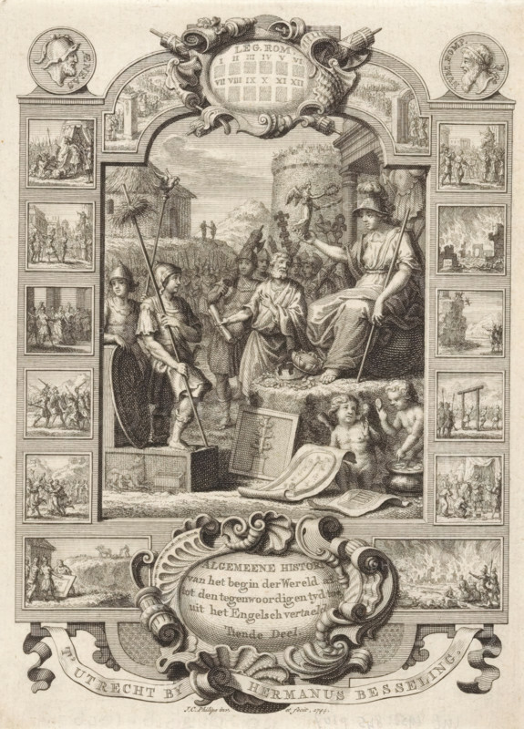 Cartouche with allegory of the Roman Empire, Title page front: Kornelis Westerbaen, Algemeene histori, 1744, print, title page, The personification of the Roman Empire sits with a statue of Victoria in her hand and crowns at her feet. In front of her stand personifications of the early and late Roman Empire. Beside her stand a man with a scroll and a group of soldiers. In the background, a thatched-roof dwelling and a tower and portal depict the early and late periods of the Empire. In the framing of the cartouche, scenes relating to the history of the Empire and portrait medallions of Aeneas and possibly historian Pompeius Tragus., printmaker: Jan Caspar Philips, publisher: Hermanus Besseling, Amsterdam, paper, engraving, etching, height 177 mm x width 130 mm, Title page before: Westerbaen, Kornelis. Algemeene histori van het begin der Wereld af tot den hedenen tyd toe, Tiende Deel. Utrecht: Besseling, Hermanus, 1744. Print originating from a scrapbook with title prints, ornaments, et...