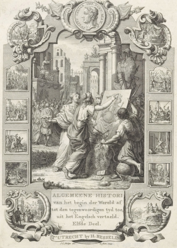 Cartouche with allegorical representation with portrait of Monarchy, Title page front: Kornelis Westerbaen, Algemeene histori, 1745, print, title page, A woman draws a portrait of the personification of the monarchy, while leaning on a pedestal with crowns and scepters. Beside her stands a woman with a salamander on her hand and a figure seen from the back with his knee on a globe and sword and arrows in his hand. Behind the portrait is a military trophy. On the left in the background sits a enthroned figure on a raised platform before a crowd. In the framing of the cartouche, scenes related to the history of the Roman Empire., printmaker: Jan Caspar Philips, publisher: Hermanus Besseling, Amsterdam, paper, engraving, etching, height 173 mm x width 125 mm, Title page for: Westerbaen, Kornelis. Algemeene histori van het begin der Wereld af tot den hedenen tyd toe, Eleventh Part. Utrecht: Besseling, Hermanus, 1745. Print originating from a scrapbook with title prints, ornaments, etc. on ...