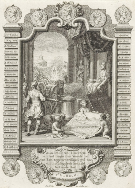 Cartouche with allegory on the history of the Romans, Title page before: Kornelis Westerbaen, Algemeene histori, 1747, print, title page, A priest stands by a burning sacrificial column. In the foreground, putti with paintings depicting the bridge over the Danube and the column of Antoninus Pius. In the background, Christians being killed. The scene is enclosed in a cartouche with medallions containing the portraits and names of Roman emperors., printmaker: Jan Caspar Philips, publisher: Hermanus Besseling, Utrecht, paper, engraving, etching, height 172 mm x width 125 mm, Title page before: Westerbaen, Kornelis. General history from the beginning of the world until the present time, Part Thirteen. Utrecht: Besseling, Hermanus, 1747. Print originating from a scrapbook with title pages, ornaments, etc. on blue paper, disassembled in 1983. According to a note on the verso, the print was located on p. 108 of this album., sacrifice, Roman religion, persecution of believers, Rome, A detailed...