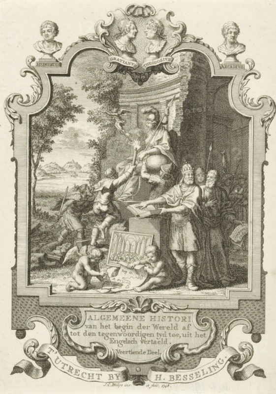 Cartouche with allegory on the end of the Roman Empire, Title page front: Kornelis Westerbaen, Algemeene histori, 1748, print, title page, The personification of Rome sits enthroned with spear, globe, and statue of Victoria. Three men as personifications of the Goths, Huns, and Vandals trample the Italian landscape, run toward Rome with sword and burning torch, and take the globe from her. On the right, a king points out an open book to a group of men behind him. In the foreground, an image of a church interior and putti with a compass and a map. In the frame portrait busts of Roman emperors., printmaker: Jan Caspar Philips, publisher: Hermanus Besseling, Utrecht, paper, engraving, etching, height 167 mm x width 121 mm, Title page before: Westerbaen, Kornelis. Algemeene histori van het begin der Wereld af tot den hedenen tyd toe, Fourteenth Part. Utrecht: Besseling, Hermanus, 1748. Print originating from a scrapbook with title prints, ornaments etc. on blue paper, disassembled in 1983....