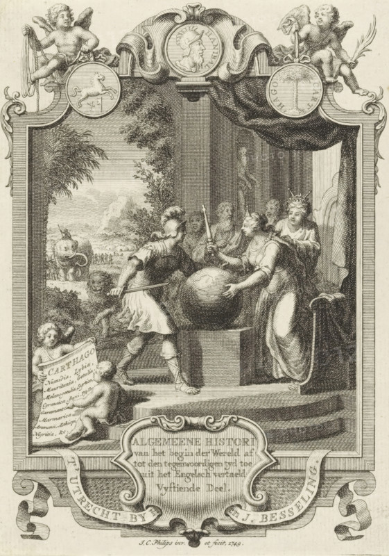Title page for: Kornelis Westerbaen, Algemeene histori, 1749, Cartouche with allegory of Carthage, print, title page, A general and the personification of Carthage argue over a globe. In a niche, a statue of Saturn. On the left in the background, the Carthaginian people. The depiction is enclosed in a cartouche crowned by a medal with the portrait of the Carthaginian military commander Hannibal Barca., printmaker: Jan Caspar Philips, publisher: Hermanus Besseling, Utrecht, paper, engraving, etching, height 170 mm x width 120 mm, Title page for: Westerbaen, Kornelis. General History from the Beginning of the World to the Present Day, Fifth Part. Utrecht: Besseling, Hermanus, 1749. Print originating from a scrapbook with title pages, ornaments, etc. on blue paper, disassembled in 1983. According to a note on the verso, the print was located on p. 108 of this album. Person, Hannibal Barca, commander-in-chief, general, marshal, globe, cities represented allegorically or symbolically, speci...