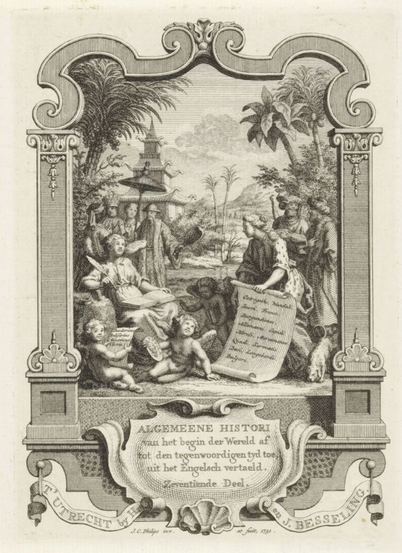 Cartouche with allegorical representation with History, Title page for: Kornelis Westerbaen, Algemeene histori, 1751, print, title page, History writes in her book. A woman shows her a sheet on which the peoples described in the book are listed. Beside her sit putti, one holding a medallion with the portrait of Totila, king of the Ostrogoths. In the background figures of various origins., printmaker: Jan Caspar Philips, publisher: Hermanus Besseling, Utrecht, paper, engraving, etching, height 169 mm x width 121 mm, Title page for: Westerbaen, Kornelis. Algemeene histori van het begin der Wereld af tot den hedenen tyd toe, Seventeenth Part. Utrecht: Besseling, Hermanus, 1751. Print from a scrapbook with title prints, ornaments, etc. on blue paper, disassembled in 1983. According to a note on the verso, the print was located on p. 109 of this album., Person, Totila (king of the Ostrogoths), 'Historia', cupids: 'amores', 'amoretti', 'putti', A detailed etched scene framed by an ornate dec...