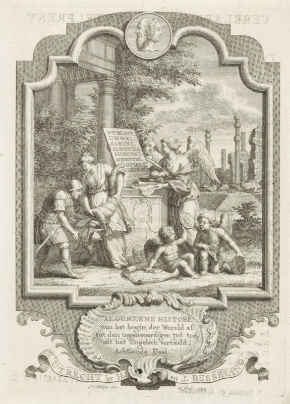 Title page for: Kornelis Westerbaen, Algemeene histori, 1752, Cartouche with allegory on the history of Etruria, print, title page, History at a monument depicting the map of Etruria and a medallion with the portrait of Pythagoras. In the background, Etruscan ruins. On the left in the foreground, a Roman receiving various art treasures from the Maid of Etruria. On the right in the foreground, putti holding medallions with the portraits of two Etruscan war heroes: Pelopidas and Epaminondas. In the frame of the cartouche, a medallion with a Janus head., printmaker: Jan Caspar Philips, publisher: Hermanus Besseling, Utrecht, paper, etching, engraving, height 169 mm x width 120 mm, Title page before: Westerbaen, Kornelis. Algemeene histori van het begin der Wereld af tot den hedenen tyd toe, Achtiende Deel. Utrecht: Besseling, Hermanus, 1752. Print originating from a scrapbook with title prints, ornaments, etc. on blue paper, disassembled in 1983. According to a note on the verso, the prin...