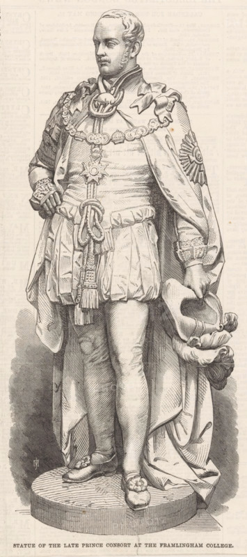 Portrait of Albert, Prince of Saxe-Coburg and Gotha, print, book illustration, printmaker: unknown, after sculpture by Joseph Durham, 1867, Joseph Durham, after sculpture by, paper, wood engraving, letterpress printing, wood engraving and text in letterpress, height 242 mm x width 110 mm, A monochrome engraving of a full-length statue of a man standing on a round plinth, wearing ornate historic clothing including a short tunic, a cloak draped over one shoulder with an emblem on the sleeve, and decorative boots; he has a high collar and a chain with a large medallion across his chest, a sash tied at the waist with tassels, and detailed cuffs; one hand rests on his hip while the other holds a plumed hat; the figure has short hair and a mustache and is depicted with a composed facial expression.