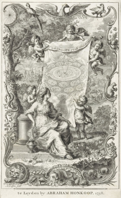 Allegory of the Heavenly Jerusalem, The Great City of God, Title page for: Hermannus Samuel Reimarus, The Principal Truths of Natural Religion, in Ten Treatises, 1758, print, title page, A female personification with an incense burner seated by an image of The Great City of God, held by putti. In the background, the silhouette of the city of Jerusalem. Surrounded by a frame with animals such as a lion, snake, squirrel, and birds., printmaker: Abraham Delfos, publisher: Abraham Honkoop (I), Leiden, paper, etching, height 180 mm x width 110 mm, Title page for: Reimarus, Hermannus Samuel. The Principal Truths of Natural Religion, in Ten Treatises. Leiden: Honkoop, Abraham (I), 1758. Print from a scrapbook with title prints, ornaments, etc. on blue paper, disassembled in 1983. According to a note on the verso, the print was on p. 213 of this album., the New Jerusalem, the all-seeing eye, triangle with eye, symbol of God the Father, A detailed engraved scene shows a seated woman in flowing ...