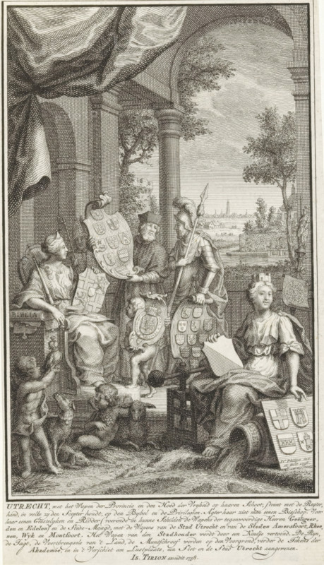 Title page for: Thomas Salmon and Jan Wagenaar, Tegenwoordige staat der Vereenigde Nederlanden, Eleventh part, 1758, Title page for: Thomas Salmon, Hedendaagsche historie, of Tegenwoordige staat van alle volken, 21st part, Allegory of the province of Utrecht, print, title page, The personification of the province of Utrecht is seated enthroned with crown, scepter, accompanying coat of arms, a Bible, and on her lap the liberty cap. Beside her stand a bishop, a cleric, a knight, and a putto with coats of arms. To the right sits the city maiden of Utrecht with the coats of arms of the cities of Utrecht, Amersfoort, Rhenen, and Montfoort. She sits on a flowing jug as a symbol of the Rhine. In the background a view of the city of Utrecht., printmaker: Jan Caspar Philips, publisher: Isaak Tirion, Amsterdam, paper, etching, engraving, height 0 mm x width 0 mm, Title page for: Salmon, Thomas and Wagenaar, Jan. Present State of the United Netherlands, Eleventh part. Amsterdam: Tirion, Isaak, 17...