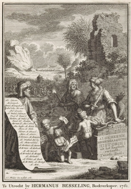 General Contemporary History Translated from English, Part Two, Allegorical Representation with Ambition and Arab, Title Page Before: Sn, Contemporary History or The Continuation of General History, 1761, print, title page, The personification of ambition stands with dagger and yoke. Next to her stands a figure in animal skin with a torch. On the left, an Arab points to a long scroll with names of caliphs. Between the trio, two putti are tearing papers, and a putti stands with a zodiac around his waist and a crescent moon on his head. In the background, a battle is taking place., printmaker: Jan Caspar Philips, publisher: Hermanus Besseling, Utrecht, paper, etching, engraving, height 172 mm x width 121 mm, Title page for: *Hedendaagsche historie of Het vervolg van de Algemeene historie*, Second part. Utrecht: Besseling, Hermanus, 1761. Print originating from a scrapbook containing title prints, ornaments, etc. on blue paper, disassembled in 1983. According to a note on the verso, the p...
