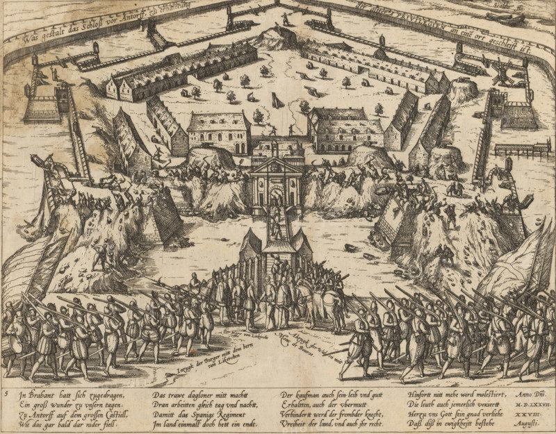What the castle before Antwerp is doing to preserve the old privileges at one location, Demolition of the citadel of Antwerp, 1577, Series 8: Dutch Events, 1577-1583, print, album page, August 28, 1577. Under the leadership of Liedekercke and Bourse, the fortress is being demolished by the inhabitants of Antwerp. In the foreground on the right, the Walloon soldiers are departing. With a 16-line caption in German. Numbered bottom left: 131., printmaker: Frans Hogenberg, Cologne, 1577 - 1579, North Rhine-Westphalia, paper, etching, height 214 mm x width 274 mm, Person, Pontus de Noyelles, Baron Liedekercke, demolition of building, Demolition of Citadel of Antwerp, Antwerp, Citadel of Antwerp (16th century), Period, 1577-08-28, A wide engraved scene shows a fortified town with walls and bastions surrounding rows of buildings and open courtyards dotted with small trees and scattered cannons; in the foreground a large group of armed soldiers marches toward a raised gatehouse bridged over wa...