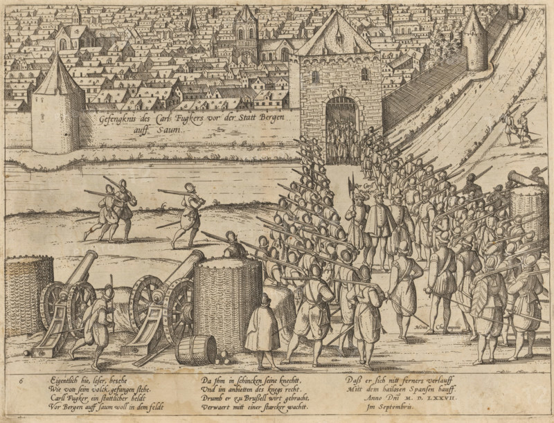 Carl Fugger and Fronsberger captured before Bergen op Zoom, 1577, Gefengknis des Carls Fugkers vor der Statt Bergen auff Saum, Serie 8: Nederlandse Gebeurtenissen, 1577-1583, print, album page, The German army commanders Carl Fugger (Focker) and Fronsberger are handed over by the magistrate of Bergen op Zoom to the States Army near Champagney, September 13, 1577. With a 10-line caption in German. Numbered: 6., printmaker: Frans Hogenberg, Cologne, 1577 - 1579, North Rhine-Westphalia, paper, etching, height 212 mm x width 281 mm, Person, Frédéric Perrenot, Fronsberger, Karl Fugger, Eighty Years' War, Bergen op Zoom, Period, 1577-09-13, A densely built town with many tightly packed gabled roofs and several church towers sits behind a high fortified wall and gate through which a procession of uniformed soldiers is passing; outside the wall a formation of armed soldiers with long spears or pikes stands in ranks facing the gate while a small group of officers or leaders stands nearby, and f...