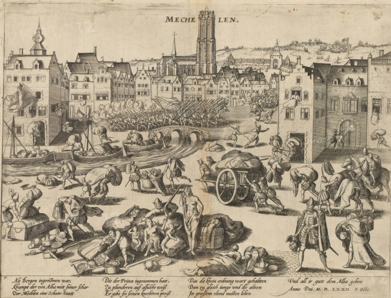 Sack of Mechelen, 1572, Series 6: Dutch Events, 1571-1576, print, album page, Sack of Mechelen by the army of Alva, under the command of his son Don Frederik, October 1, 1572. Goods are being collected in the market and carried away by the soldiers. In the center of the foreground, a standing weeping naked mother with children. With a caption of 10 lines in German. Numbered: 7., printmaker: Frans Hogenberg, Cologne, 1572 - 1574, North Rhine-Westphalia, paper, etching, height 217 mm x width 286 mm, Person, Fadrique Alvarez de Toledo, plundering, soldiers, Plundering of Mechelen, Mechelen, Period, 1572-10-01, A detailed ink engraving of a city scene with a waterfront and a bridge in front of a row of tall buildings and a central tower, showing numerous people, and horses engaged in activity. Boats are on the water near the shore and figures load and unload sacks and goods. A group of soldiers with pikes or spears forms a line near the bridge while others move into the city gate. People c...