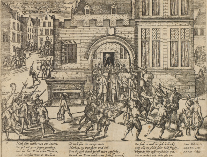 Duke of Aarschot captured in Ghent, 1577, Was gestaltt der staten suspecte hern, gefengklich ingezogen zu Gendt in Flandern, Series 8: Dutch Events, 1577-1583, print, album page, The capture of the Duke of Aarschot and other nobles in the Court of S. Baeffs in Ghent, October 28, 1577. With a 12-line caption in German. Numbered: 9., printmaker: Frans Hogenberg, Cologne, 1577 - 1579, North Rhine-Westphalia, paper, etching, height 211 mm x width 274 mm, Person, Philip III of Croÿ (4th Prince of Chimay, 3rd Duke of Aarschot, 4th Count of Beaumont), imprisonment, Ghent Uprising, Ghent, Sint-Bavo Hof, Period, 1577-10-28, A detailed ink drawing of a town scene showing a large stone building with tall mullioned windows and an arched gateway surrounded by a crowd of armed men carrying long pole weapons and wearing hats with brims or plumed helmets, some moving toward the arch and others advancing across a paved street; a smaller group stands on a raised platform or stairs near the building entr...
