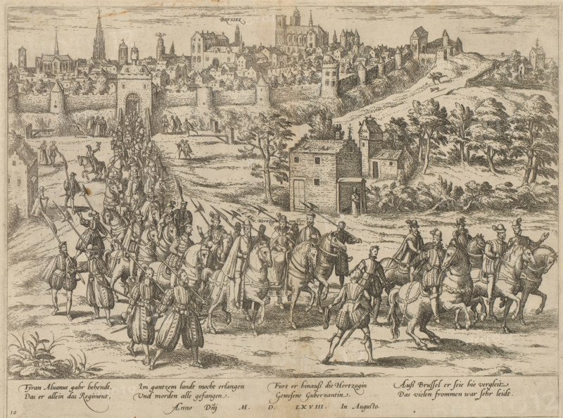 Margaretha van Parma departs from Brussels, 1567, Series 5: Dutch Events, 1566-1570, print, album page, Margaretha van Parma is escorted out of Brussels by the Duke of Alva upon her departure, December 30, 1567. The procession of horsemen rides out of the city gate. With a 4-line caption in Latin. Numbered: 10., printmaker: Frans Hogenberg, Cologne, 1567 - 1570, North Rhine-Westphalia, paper, etching, height 211 mm x width 282 mm, Person, Fernando Álvarez de Toledo (3rd Duke of Alba), Regent of the Netherlands Margaret of Parma, Eighty Years' War, Brussels, Period, 1567-12-30, A detailed ink engraving shows a walled city on a hill with towers and a large cathedral rising above clustered rooftops, a gate in the city wall with figures passing through, and defensive towers along the ramparts. In the foreground a procession of mounted soldiers and footmen advances toward the gate, many wearing period clothing and helmets and carrying long lances and standards; some riders gesture or look t...