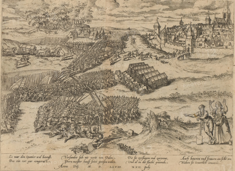 Battle of Dahlen, 1568, Series 5: Dutch Events, 1566-1570, print, album page, Battle of Dahlen or Daalheim. Stated on the print as July 22, actually April 25. In the foreground a farmer leaning on a spade and a woman with her arms in the air, in the distance the town of Dahlen. With an 8-line caption in German. Numbered: 11., printmaker: Frans Hogenberg, Cologne, 1568 - 1570, North Rhine-Westphalia, paper, etching, height 208 mm x width 280 mm, battle (land forces), Eighty Years' War, Rheindahlen (Mönchengladbach), Period, 1568-04-25, A detailed monochrome engraving shows a wide battlefield scene with dense ranks of soldiers in close formation holding long spears, some fallen and others clashing at the front. Horsemen charge and ride across the field toward clustered infantry while wagons drawn by teams of horses are positioned behind the lines. In the distance a walled town with towers, steep-roofed houses, and a gate stands on a rise, with figures moving near its walls and a bridge l...
