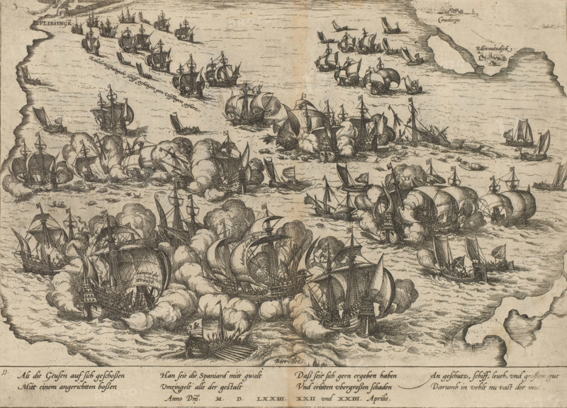 Victory over the Spanish fleet at Vlissingen, 1573, Series 6: Dutch Events, 1571-1576, print, album page, April 22-23, 1573. The Spanish ships attempting to relieve Middelburg are defeated by the Sea Beggars on the Scheldt near Vlissingen. With an 8-line caption in German. Numbered: 11., printmaker: Frans Hogenberg, Cologne, 1573 - 1575, North Rhine-Westphalia, paper, etching, height 212 mm x width 295 mm, battle (naval force), Eighty Years' War, Flushing, Scheldt, Period, 1573-04-22 - 1573-04-23, A detailed engraved scene of numerous sailing ships on a textured sea, many with billowing sails and visible rigging, several ships appearing to emit large clouds of smoke and puffs suggesting explosions, smaller boats interspersed among larger galleons, a coastline with rocky edges framing parts of the image, clusters of ships grouped closely together, a variety of sail shapes and flags atop masts, densely shaded hulls and ornate sterns on some vessels, visible waves and wake lines around th...
