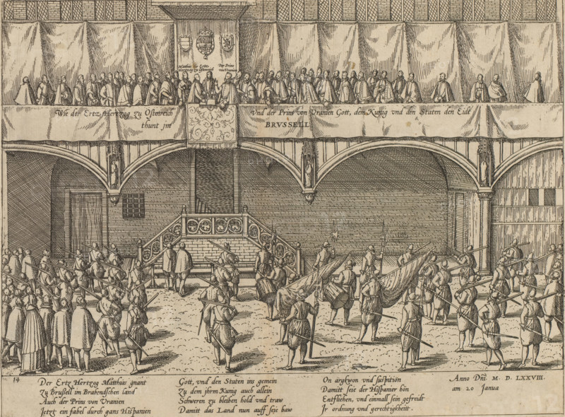 Matthias takes the oath as governor in Brussels, 1578, Wie der Ertz Hertzog zu Ostenreich und der Prins von Uranien Gott, dem Kunig und den Staten der Eidt thunt int Brusse, Series 8: Dutch Events, 1577-1583, print, album page, 1578. The prince, with raised hand, administers the oath to the Archduke, whose hand rests on a book. Standing on a balcony between members of the States General, soldiers below. With a 12-line caption in German. Numbered: 14., printmaker: Frans Hogenberg, Cologne, 1578 - 1580, North Rhine-Westphalia, paper, etching, height 211 mm x width 283 mm, Person, William I (Prince of Orange), Matthias of Austria (Holy Roman Emperor), new ruler taking the oath, Entry and appointment of Matthias of Austria in Brussels, Brussels, Period, 1578-01-20, A detailed engraving shows an elevated balcony draped with large curtains and lined with seated and standing figures wearing long cloaks, with a central panel above the balcony bearing three ornamental shields and a decorative b...