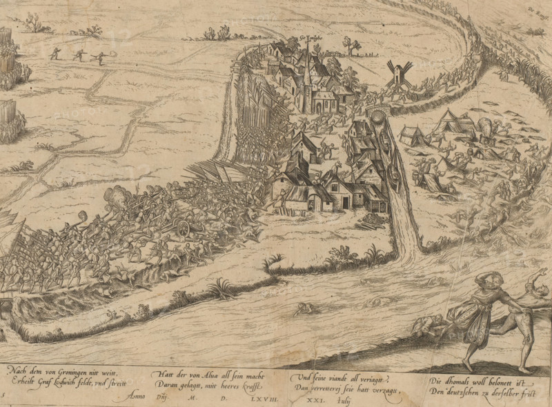 Battle of Jemmingen, 1568, Series 5: Dutch Events, 1566-1570, print, album page, July 21, 1568. The army of Louis of Nassau is defeated by Alva near the village of Jemmingen. Some save themselves by jumping into the water of the Ems River. With an 8-line caption in German. Numbered: 14., printmaker: Frans Hogenberg, Cologne, 1568 - 1570, North Rhine-Westphalia, paper, etching, height 210 mm x width 278 mm, Person, Fernando Álvarez de Toledo (3rd Duke of Alba), Louis Count of Nassau, battle, fighting in general, Lower Saxony, Jemmingen, Period, 1568-07-21, A detailed ink drawing shows a riverside settlement with clustered houses and a church near a curved waterway, a windmill on a bend, tents and figures near the shore, and groups of armed soldiers clashing with pikes and artillery along embankments; boats and carts appear near the riverbank, people run and gesture among the buildings, some figures wade or swim in the water, and a foreground scene shows two figures near the river edge w...