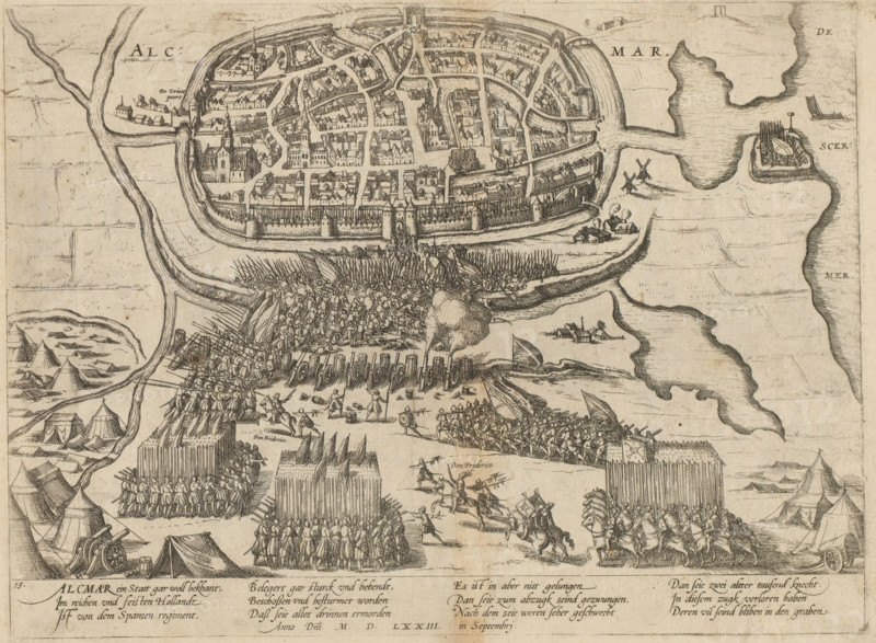 Siege of Alkmaar, 1573, Series 6: Dutch Events, 1571-1576, print, album page, Plan of the siege of Alkmaar, August and September 1573. View of the city and the surrounding area. In the foreground the encampment of the besieging troops under the command of Don Frederik, on the right the Schermer. With a 12-line caption in German. Numbered: 15., printmaker: Frans Hogenberg, Cologne, 1573 - 1575, North Rhine-Westphalia, paper, etching, height 217 mm x width 294 mm, Person, Fadrique Alvarez de Toledo, siege, position war, Alkmaar, Period, 1573-08, A detailed monochrome engraving showing a fortified walled town with streets, clustered buildings, towers, and gates, surrounded by water and landforms; outside the walls are tents, encampments, cannon, and dense formations of soldiers with spears and pikes advancing toward the town while organized ranks and square formations stand near defensive palisades and artillery; smoke and explosion clouds rise near the town walls where troops and siege e...
