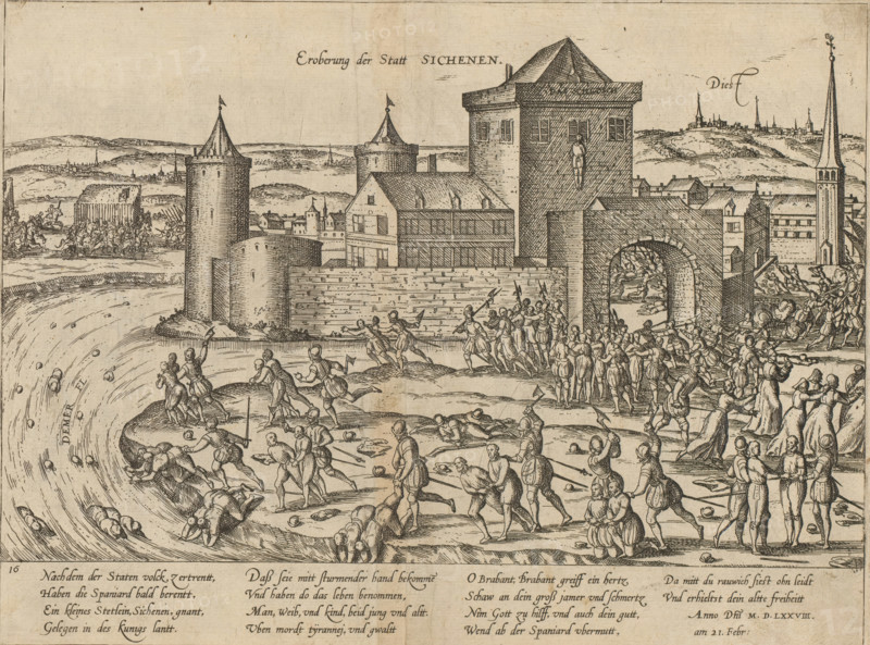 Conquest of the Town of Sichenen, Punishment of Zichem, 1578, Series 8: Dutch Events, 1577-1583, print, album page, Conquest and punishment of the town of Zichem by the troops of the Duke of Parma, February 21, 1578. Outside the city gate, a large number of citizens are killed and their bodies thrown into the river. In the distance, the city of Diest. With a 14-line caption in German. Numbered: 16., printmaker: Frans Hogenberg, Cologne, 1578 - 1580, North Rhine-Westphalia, paper, etching, height 212 mm x width 284 mm, Person, Alessandro Farnese (Governor of the Netherlands and Duke of Parma and Piacenza), massacre, war, Zichem, Period, 1578-02-21, A wide ink drawing shows a walled town with towers, a gate with an archway, and multi-storey buildings behind ramparts, with a tall steeple visible to the right and hills and distant settlements on the horizon; numerous small figures in period dress fill the foreground and midground, many armed with spears, pikes, or clubs and shown running, ...