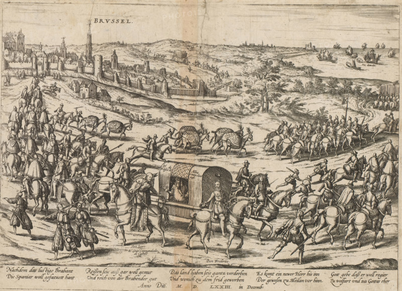 Alva leaves the Netherlands, 1573, Series 6: Dutch Events, 1571-1576, print, album page, December 1573. In a large procession, the Duke departs from Brussels in a sedan chair for Spain. He greets the new governor Requesens, who is riding towards Brussels. With a 10-line caption in German. Numbered: 18., printmaker: Frans Hogenberg, Cologne, 1573 - 1575, North Rhine-Westphalia, paper, etching, height 210 mm x width 289 mm, Person, Fernando Álvarez de Toledo (3rd Duke of Alba), Luis de Zúñiga y Requesens, (carrying a person in a) sedan-chair, Eighty Years' War, Brussels, Period, 1573-12, A wide landscape scene rendered in fine linework shows a procession of mounted figures and pack animals moving along a road with many riders wearing cloaks and helmets and carrying spears or lances; ornate covered wagons appear among the party with a seated figure visible inside one shelter, and attendants walk alongside and behind the horses. In the middle ground a fortified town with walls, towers, and...