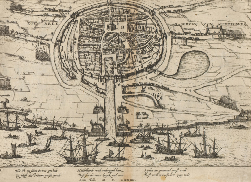 The Siege of Middelburg, Siege of Middelburg, 1574, Series 6: Dutch Events, 1571-1576, print, album page, Siege of Middelburg by the rebels, January 1574. View of the besieged city and the surroundings. In the foreground the ships of the Geuzen, Fort Rammekens and Arnemuiden. With a caption of 6 lines in German. Numbered: 19., printmaker: Frans Hogenberg, Cologne, 1574 - 1576, North Rhine-Westphalia, paper, etching, height 215 mm x width 297 mm, siege, position war, Middelburg, Walcheren, Arnemuiden, Fort Rammekens, Period, 1574-01, A detailed bird’s-eye ink drawing of a circular walled town with concentric streets and buildings clustered around a central square and multiple churches, connected by a straight causeway or bridge leading out over water toward a busy harbor filled with a variety of sailing ships and small boats, with defensive bastions and guard towers at the town’s gate and along the waterway, surrounding marshy fields and farm plots with scattered cottages, figures walki...