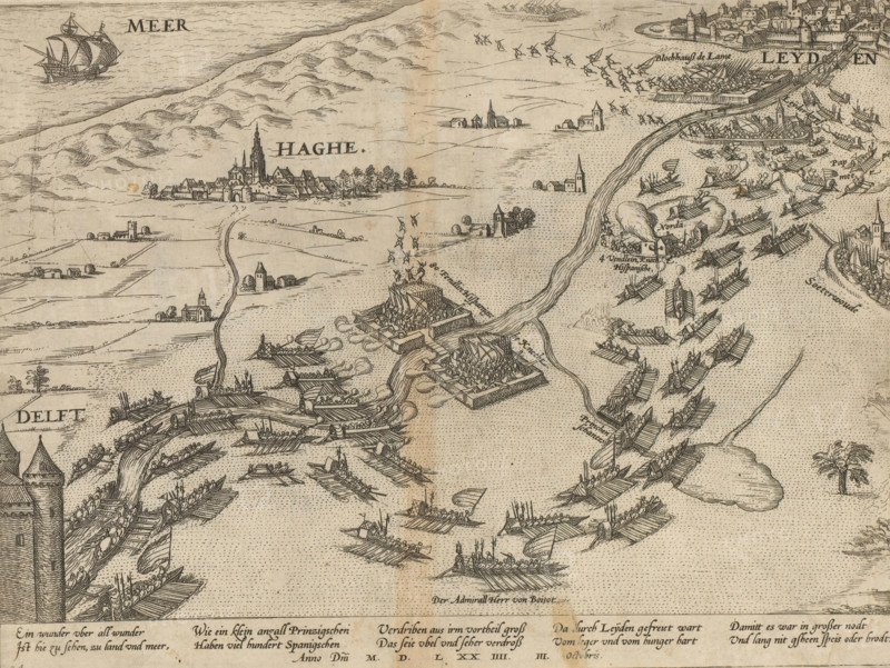 Relief of Leiden, 1574, Series 6: Dutch Events, 1571-1576, print, album page, The relief of Leiden on October 3, 1574. Troops of the Prince sail across the flooded polders of Delft past The Hague to Leiden, under the command of Admiral Louis de Boisot. Spanish besiegers flee from their positions. With a 10-line caption in German. Numbered: 24., printmaker: Frans Hogenberg, Cologne, 1574 - 1576, North Rhine-Westphalia, paper, etching, height 221 mm x width 294 mm, Person, Louis de Boisot, raising the siege with outside assistance, relief, The Hague, Leiden, Delft, Zoeterwoude, Period, 1574-10-03, A detailed monochrome engraving showing a coastal scene with many small rowing boats and larger ships on textured water, a fortified town with towers and clustered buildings on the left, open fields and scattered churches inland, a winding river or channel cutting through the scene, groups of soldiers or figures on boats and on shore, defensive barricades and floating platforms with men and equ...