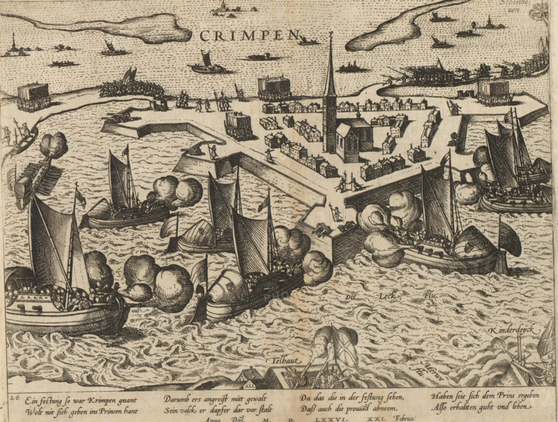 Capture of Krimpen, 1576, Series 6: Dutch Events, 1571-1576, print, album page, Siege of Krimpen aan de Lek by the Prince's army. Ships of the Prince bombard the fortified town from the water. On February 21, Krimpen surrenders. With an 8-line caption in German. Numbered: 26., printmaker: Frans Hogenberg, Cologne, 1576 - 1578, Frans Hogenberg, printmaker, North Rhine-Westphalia, paper, etching, height 216 mm x width 275 mm, siege, position war, Lek, Merwede, Krimpen aan de Lek, Period, 1576-02-21, A detailed black and white engraving of a coastal fortress and town seen from above, with fortified walls, a tall church steeple rising near clustered houses, and small rectangular defensive towers along the shoreline. Numerous sailing ships and rowed boats fill the surrounding waters, many showing billowing sails and flags, and several vessels are depicted with puffs of smoke near them and figures on deck. On the land near the walls there are groups of soldiers and small formations of men, s...