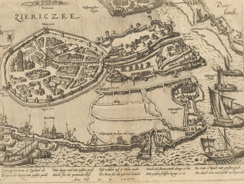 Siege of Zierikzee by the Spaniards, 1576, Series 6: Dutch Events, 1571-1576, print, album page, Siege of Zierikzee by the Spaniards under Mondragon. Despite a successful attempt by the Prince's ships to supply the city with provisions, the city surrendered on June 29, 1576. View of the walled city with the positions of the besieging Spanish troops, the Spanish ships, and the Prince's ships. With a 10-line caption in German. Numbered: 27., printmaker: Frans Hogenberg, Cologne, 1576 - 1578, North Rhine-Westphalia, paper, etching, height 208 mm x width 279 mm, Person, Cristóbal de Mondragón y Otalora, siege, position war, Siege of Zierikzee, Zierikzee, Period, 1576-06, A detailed monochrome map view showing a walled town with clustered buildings and streets, surrounded by defensive walls and gates, adjacent waterways with ships under sail, anchored vessels, and docks. Outside the town there are fortified earthworks and ramparts with soldiers, tents, and artillery emplacements. The shorel...