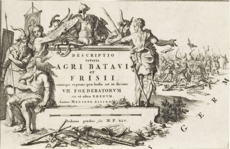 Descriptio veteris Agri Batavi et Frisii, Allegorical representation with Germanic warriors, print, Germanic warriors (possibly Batavians and Frisians) are sitting and standing around a titled stone. A weapon trophy sits on top of the stone. A battle scene is in the background. Detail of a map of the territories of the Batavians and Frisians., printmaker: Joseph Mulder (possibly), publisher: Henricus Wetstein, Amsterdam, publisher: Hendrik Halma, 1697 - 1700, 1725, paper, etching, height 108 mm x width 142 mm, Part of 16 maps of the land of the Batavians and Frisians first produced for and included in Alting, Menso. Descriptio, secundum antiquos, 1697-1700. Reused in Halma, François. Tooneel der Vereenigde Nederlanden, en onderhorige landschaps, 1725. Print originating from a scrapbook with title pages, ornaments, etc. on blue paper, disassembled in 1983. According to a note on the verso, the print was located on p. 121 of this album., the soldier, the soldier's life, Netherlands, Frie...