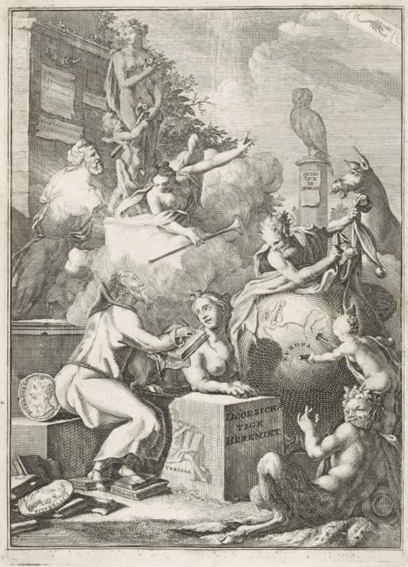 Title page for: Jacob Campo Weyerman, The Transparent Hermit, 1764, Allegorical representation with hermit, sphinx and satyrs, print, title page, A hermit sits writing in a book on a raised platform with a portrait medallion of Pythagoras and listens to the personification of Rumor pointing him to a part of the zodiac in the sky. In front of the hermit lies a sphinx on a pedestal on which Truth is depicted. To the right, a satyr points to the scene behind him; a putto drills a hole through the globe which is being unveiled by an old satyr. To the left in the background stand two (possibly antique) statues. On the right in the background, a donkey and an owl on a pedestal., after print by Jan Goeree, Jan Goeree, printmaker, after print by, paper, engraving, etching, height 167 mm x width 120 mm, Title page before: Weyerman, Jacob Campo. De doorzichtige hermiet. Sl: sn, 1764. The magazine De doorzigtige heremyt was originally published in 1728-1729 and reprinted in 1730. In 1764, a secon...