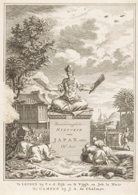 Contemporary History of Japan, etc. 9th Volume, Allegory of Japan, Title page before: Sn, Contemporary History or The Continuation of General History, 1778, print, title page, A Japanese god with seven heads on his chest, twelve arms and an arrow in each hand, sits on a pedestal with a title. Four Japanese worshipped him. In the background lies an imperial palace, in front of which is a carriage drawn by horses and a sedan chair carried by two men. In the foreground lie pearls, porcelain, weapons, wheat, rice, and a map., printmaker: Simon Fokke, after design by, publisher: Pieter van der Eyk, Leiden, publisher: Daniel Vijgh, publisher: Johannes Le Mair, publisher: Jacques Alexandre Chalmot, Kampen, paper, etching, height 173 mm x width 123 mm, Title page for: *Sn* Hedendaagsche historie of Het vervolg van de Algemeene historie, IXde Deel. Leiden: Eyk, Pieter van der, Vijgh, Daniel, Le Mair, Johannes, Kampen: Chalmot, Jacques Alexandre, 1778. Print originating from a scrapbook containi...