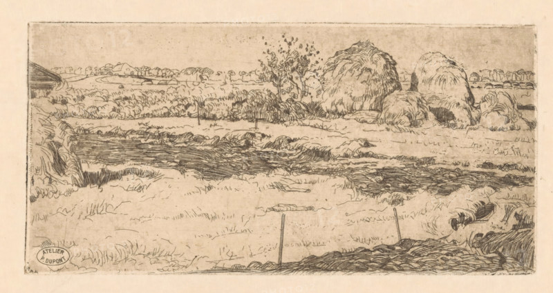 Field with haystacks, print, A piece of land fenced off with posts. On the left, part of a barn. In the background, haystacks., workshop stamp: 'ATELIER P. DUPONT', printmaker: Pieter Dupont, Amsterdam, 1895-11, paper, zinc etching, intaglio printmaking technique, height 102 mm x width 205 mm, meadow, pasture, hay-stack, A horizontal etching of a rural landscape showing grassy fields, low rolling terrain, and a meandering stream or water channel with textured waterlines. In the middle ground there are clusters of tall, rounded haystacks or mounds and a few small trees with sketched foliage. The foreground contains rough grass, tufts, and a couple of simple vertical stakes or posts sticking up from the ground. The distant background shows faint outlines of more fields and small vegetation along the horizon. The overall image is rendered in fine dark linework on a light, aged paper background.