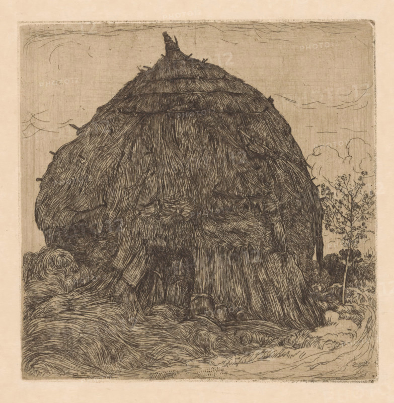 Hooipper, print, printmaker: Pieter Dupont, North Holland, c. 1894 - c. 1895, paper, zinkets, intaglio printmaking technique, height 155 mm x width 155 mm, hay-stack, A tall mound of densely layered thatch fills most of the frame, its textured strands rendered with fine, dark hatch lines and bound in horizontal bands, with several short sticks protruding from the surface and a small bundle at the apex; to the right of the mound a slender tree with delicate branches and small leaves stands near the edge, and soft curving cloud shapes appear in the background sky; the foreground shows flowing, wave-like patterns of thatch and ground with intricate linework, all on a pale, slightly mottled paper.