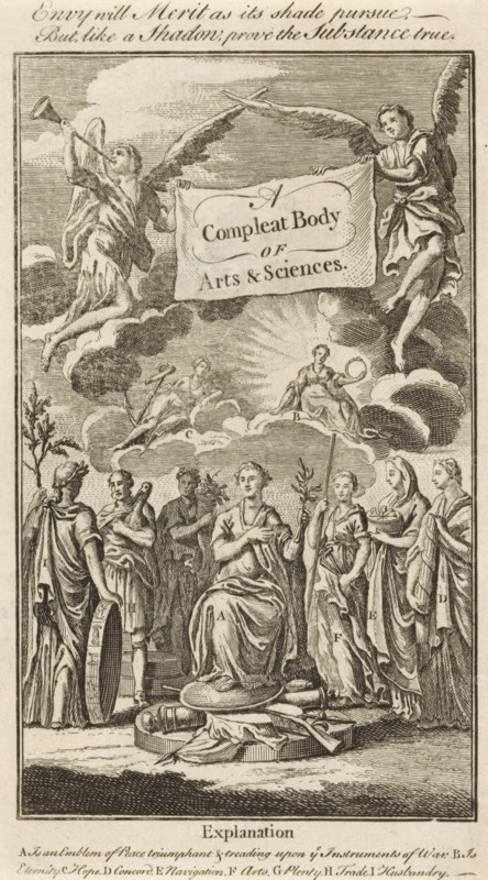 A complete Body of Arts & Sciences, Title page for: Sn, The Universal Magazin of Knowledge and Pleasure Vol III, 1748, Triumph of Peace, print, title page, Peace with a palm branch stands on a trophy and triumphs. She is surrounded by Concord, Navigation, Arts, Plenty, Trade, and Husbandry. On top of the clouds sit Eternity with the snake Ouroboros and Hope with the anchor. At the top, two angels are flying with a cloth bearing the title., publisher: John Hinton, London, printmaker, paper, etching, woodcut, letterpress printing, verso woodcut and text in letterpress, height 193 mm x width 109 mm, Title page front: Sn The Universal Magazin of Knowledge and Pleasure Vol III. London: Hinton, John, 1748. Print originating from a scrapbook containing title prints, ornaments, etc. on blue paper, disassembled in 1983. According to a note on the verso, the print was located on p. 210 from this album., symbols, allegories of peace, 'Pax', 'Pace' (Ripa), Eternity, 'Aeternitas', 'Eternità', 'Eter...