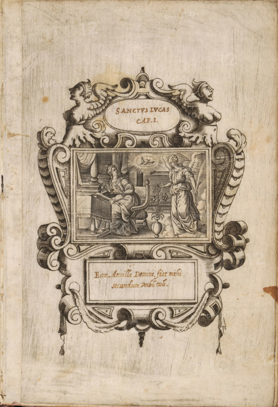 Annunciation, The Life of Christ, print, Series number, 1(56), The Annunciation to Mary. Part of a print album with title page and 56 scenes from the New Testament. Each image mounted in an engraving with ornamental cartouches in which a window is cut and provided with handwritten Bible passages., printmaker: Monogrammist HSD, Antwerp, after design by Pieter van der Borcht (I), c. 1570 - c. 1610, paper, engraving, engravings, height 40 mm x width 60 mm, height 175 mm x width 115 mm, the Annunciation: Mary sitting - AA - Mary to the left, the angel to the right, An ornate engraved frame with scrollwork and winged cherub-like figures surrounds a central rectangular scene depicting a seated woman at a lectern looking toward a standing angelic figure with wings; the seated woman is inside an architectural interior with drapery and columns, the angel stands near a small vase with a flowering plant and a glowing circular light above them, and the entire composition is set against a textured ...