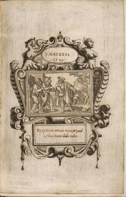 Parable of the laborers in the vineyard, The life of Christ, print, Series number, 50(56), Parable of the laborers in the vineyard. Part of a picture album with title page and 56 scenes from the New Testament. Each image mounted in an engraving with ornamental cartouches in which a window is cut and provided with handwritten Bible passages., printmaker, after design by, after print by, Germany, Antwerp, paper, engraving, engravings, height 40 mm x width 60 mm, height 175 mm x width 115 mm, the laborers in the vineyard, parable of Christ (Matthew 20:1-16), An ornate engraved cartouche with symmetrical scrollwork and winged busts at the top frames a rectangular scene showing three robed and hat-wearing figures standing and gesturing toward a vineyard where two crouched figures tend vines; below the scene the cartouche continues with curved ornamental flourishes and a rectangular panel containing stylized script, all rendered in dark engraved lines on a light, textured background with vis...