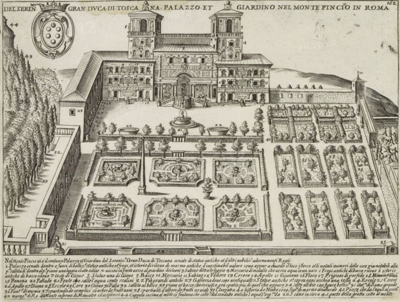 Del seren.mo Gran Duca di Toscana Palazzo et Giardino nel Monte Pincio in Roma, Villa Medici and gardens in Rome, Ancient monuments, Antiquae Urbis Splendor, print, album page, In the lower margin a list of explanatory numbers. Numbered top right: 162., printmaker: Jacobus Laurus, Italy, printer (person): Giacomo Mascardi, Rome, in or after 1637, printer (person), paper, etching, height 176 mm x width 231 mm, This print is part of a set of 158 prints (title prints), which appeared in four parts. Parts one and two appeared in 1612. The third part appeared in 1615 and part four appeared in 1628. In 1637 Vitale Mascardi published the first reissue of the entire set with numbering., garden, hôtel, i.e. small palace in city, Pincio, Villa Medici (Rome), An engraved bird’s-eye view of a formal walled garden and large palace, showing a central building with symmetrical towers and a grand entrance facing a courtyard with a circular fountain and steps, parterre gardens laid out in geometric bed...