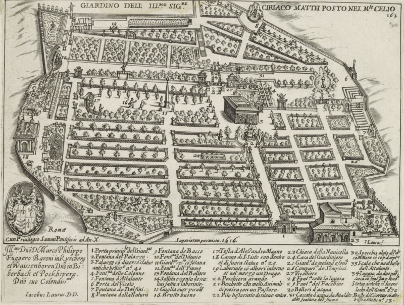 Giardino dell Illustrissimo Signore Ciriaco Mattei Posto nel Monte Celio, Gardens of the Villa Celimontana (Villa Mattei) on Monte Celio in Rome, Antiquae Urbis Splendor, Antique monuments, print, album page, In the bottom margin a list of explanatory numbers. Numbered top right: 163., printmaker: Jacobus Laurus, Italy, printer (person): Giacomo Mascardi, Rome, grantor of privilege: Paul V, Vatican City, dedicated to: Marcus Fugger (Baron of Kirchberg and Weissenhorn), in or after 1637, printer (person), paper, etching, height 180 mm x width 234 mm, This print is part of a set of 158 prints (title prints), which appeared in four parts. Parts one and two appeared in 1612. The third part appeared in 1615 and part four appeared in 1628. In 1637 Vitale Mascardi published the first reissue of the entire set with numbering., garden, hôtel, i.e. small palace in city, Celio, Villa Celimontana, A bird’s-eye ink engraving of a formal garden with many rectangular planted beds separated by straigh...