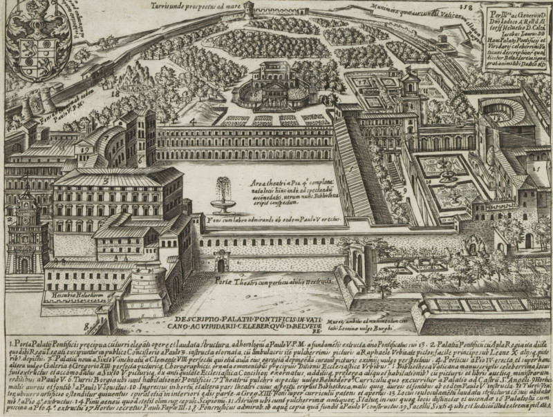 Apostolic Palace and the Gardens in Vatican City, Descriptio palatii pontificis in Vaticano ac viridarii celeber'que de Belvedere, Ancient monuments, Antiquae Urbis Splendor, print, album page, In the lower margin a list of explanatory numbers. Numbered upper right: 158., printmaker: Jacobus Laurus, Italy, printer (person): Giacomo Mascardi, Rome, in or after 1637, Jacobus Laurus, Giacomo Mascardi, printmaker, printer (person), paper, etching, height 177 mm x width 236 mm, This print is part of a set of 158 prints (title prints), which appeared in four volumes. Volumes one and two appeared in 1612. In 1615 the third part appeared, and in 1628 part four appeared. In 1637 Vitale Mascardi published the first reissue of the entire set with numbering., garden, palace, Vatican City, Apostolic Palace, A detailed black and white engraving showing an elevated bird’s-eye view of a complex of classical buildings and formal gardens, with long colonnaded façades, multi-story rectangular structures,...