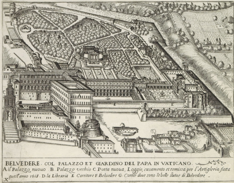 Apostolic Palace and Gardens in Vatican City, Belvedere col palazzo et giardino del Papa in Vaticano, Palaces and Gardens in Rome, print, album page, List of explanatory letters in lower margin., printmaker: Matthäus Greuter, Italy, printmaker: Govert van Schayck, printmaker: Francesco Corduba, publisher: Giovanni Domenico de' Rossi, Rome, 1623, Matthäus Greuter, Govert van Schayck, Francesco Corduba, Giovanni Domenico de' Rossi, paper, engraving, height 175 mm x width 225 mm, This print is part of a series of eight prints of palaces and gardens in Rome., garden, palace, Vatican City, Apostolic Palace, An engraving of a large walled complex and surrounding landscape showing formal gardens with geometric beds, tree-lined avenues, and densely planted groves, a central building with terraces and colonnades, adjacent courtyard spaces with fountains and decorative paving, a river or waterway running alongside embankments, towers and fortified walls, smaller outbuildings and clustered houses...