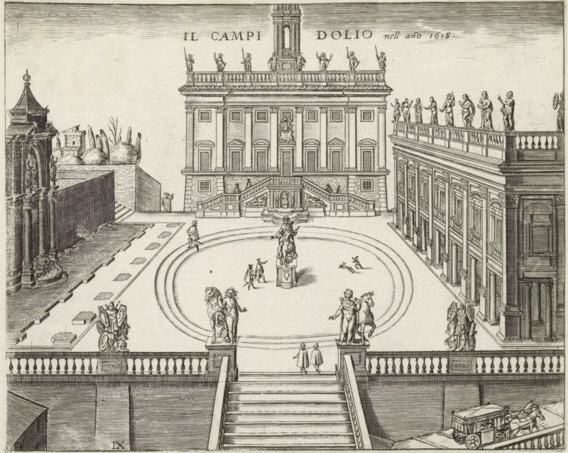 Il Campidolio nell ano 1618, Capitoline Hill in Rome, print, album page, View of the Capitol Hill with the Piazza del Campidoglio and the palaces with the Capitoline Museums. In the center the equestrian statue of Marcus Aurelius., printmaker: Jacobus Laurus (possibly), Italy, 1584 - 1637, paper, engraving, height 179 mm x width 225 mm, square, circus, representation of real building (either existing or having existed), Rome, Capitol, Piazza del Campidoglio, Palazzo Senatorio (Rome), Capitoline Museums, Palazzo Nuovo, Palazzo dei Conservatori, An engraved view of a formal plaza with a large building centered at the top, its facade featuring pilasters, arched doorways, small square windows, and a balustraded roof topped by standing statues, flanked on the right by a long colonnaded building with statues along its roofline and on the left by a smaller ornate structure and gardened area with trees; a broad staircase leads down from a balustraded terrace into an open oval paved area contai...