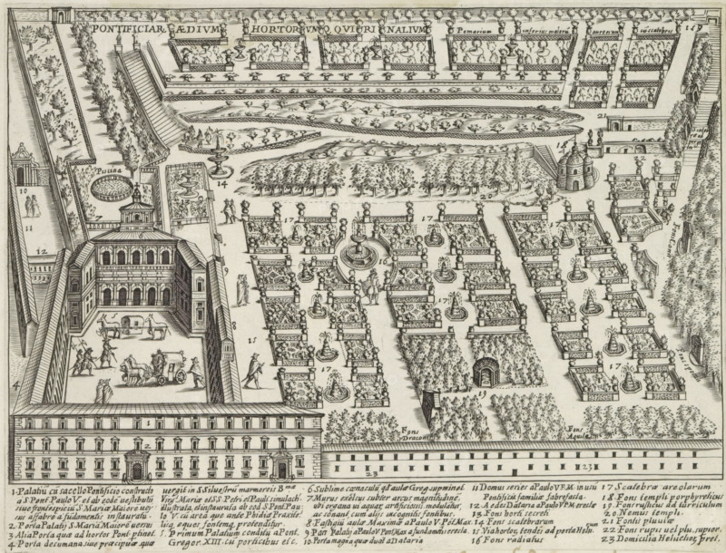 Palazzo del Quirinale and gardens on the Quirinal Hill in Rome, Pontifical Aedium Hortoriumque Quirinalium, Antiquae Urbis Splendor, Ancient monuments, print, album page, In the lower margin a list of explanatory numbers. Numbered upper right: 159., printmaker: Jacobus Laurus, Italy, printer (person): Giacomo Mascardi, Rome, in or after 1637, printer (person), paper, etching, height 182 mm x width 240 mm, This print is part of a set of 158 prints (title prints), which appeared in four volumes. Volumes one and two appeared in 1612. The third volume appeared in 1615 and volume four appeared in 1628. In 1637, Vitale Mascardi published the first reissue of the entire set with numbering., garden, palace, Quirinal, Palazzo del Quirinale, An engraved bird’s-eye view shows a large formal complex with a multi-story building fronting a courtyard where carriages, horses, and small groups of people are depicted; behind the building are rectilinear garden beds arranged in rows with low walls and de...