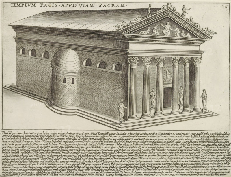 Templum Pacis Apud Viam Sacram, Tempio della Pace on the Via Sacra in Rome, Ancient monuments, Antiquae Urbis Splendor, print, album page, Text in Latin in lower margin. Numbered upper right: 38., printmaker: Jacobus Laurus, Italy, printer (person): Giacomo Mascardi, Rome, in or after 1637, printer (person), paper, etching, height 180 mm x width 236 mm, This print is part of a set of 158 prints (title prints), which appeared in four volumes. Volumes one and two appeared in 1612. The third volume appeared in 1615 and volume four appeared in 1628. In 1637, Vitale Mascardi published the first reissue of the entire set with numbering., temple, shrine, Roman religion, Tempio della Pace, A detailed engraved architectural drawing of a classical temple seen in perspective, showing a rectangular brick building with a pitched roof and a domed semicircular apse on one side, a tall colonnaded portico with ornate Corinthian capitals at the front, a triangular pediment decorated with reclining and s...