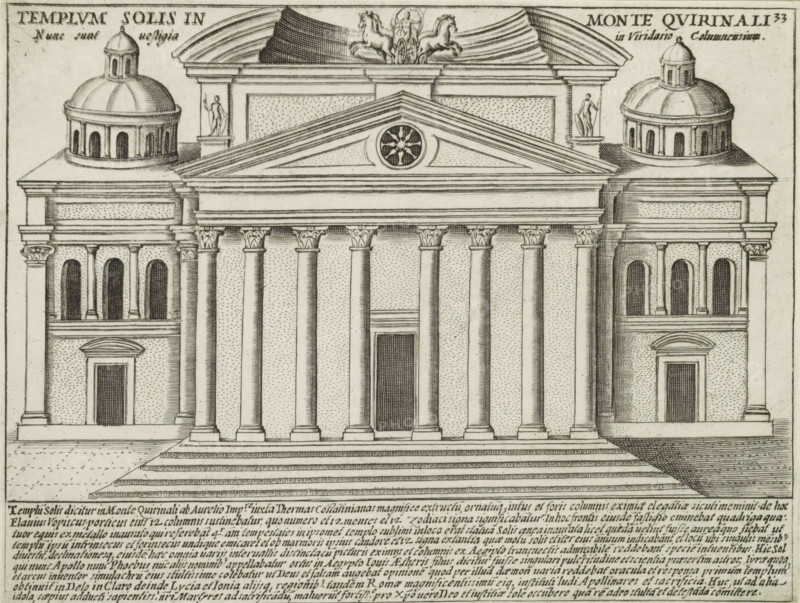 Templum Solis In Monte Quirinali, Tempio del Sole te Rome, Ancient monuments, Antiquae Urbis Splendor, print, album page, Text in Latin in lower margin. Numbered upper right: 33., printmaker: Jacobus Laurus, Italy, printer (person): Giacomo Mascardi, Rome, in or after 1637, printer (person), paper, etching, height 175 mm x width 232 mm, This print is part of a set of 158 prints (title prints), which appeared in four parts. Parts one and two appeared in 1612. The third part appeared in 1615 and part four appeared in 1628. In 1637, Vitale Mascardi published the first reissue of the entire set with numbering., temple, shrine, Roman religion, Tempio del Sole, A detailed line drawing of a classical building facade seen from the front, featuring a wide staircase leading up to a colonnaded portico with tall fluted columns topped by ornate capitals and a central doorway between the columns, flanked by symmetrical side wings each with arched openings above rectangular doors and a domed tower on...