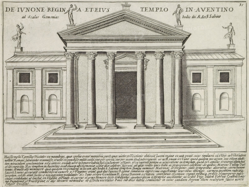 Temple of Juno Regina on the Aventine Hill in Rome, De Iunone Regina et Eius Templo in Aventino, Ancient monuments, Antiquae Urbis Splendor, print, album page, Text in Latin in lower margin. Numbered upper right: 35., printmaker: Jacobus Laurus, Italy, printer (person): Giacomo Mascardi, Rome, in or after 1637, printer (person), paper, etching, height 176 mm x width 233 mm, This print is part of a set of 158 prints (title prints), which appeared in four volumes. Volumes one and two appeared in 1612. The third volume appeared in 1615 and volume four appeared in 1628. In 1637, Vitale Mascardi published the first reissue of the entire set with numbering., temple, shrine, Roman religion, Temple of Juno Regina, A frontal architectural drawing of a classical temple with a wide stepped platform leading to a portico supported by tall fluted columns topped with ornate capitals, a triangular pediment with layered cornices above, a large recessed central doorway flanked by the columns, symmetrica...