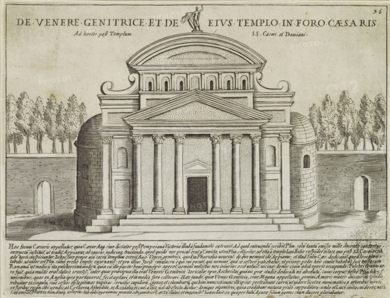 De Venere Genitrice et de Eius Templo in Foro Caesaris, Temple of Venus Genetrix in Caesar's Forum in Rome, Antiquae Urbis Splendor, Ancient monuments, print, album page, Text in Latin in lower margin. Numbered upper right: 36., printmaker: Jacobus Laurus, Italy, printer (person): Giacomo Mascardi, Rome, in or after 1637, Jacobus Laurus, Giacomo Mascardi, printmaker, printer (person), paper, etching, height 179 mm x width 234 mm, This print is part of a set of 158 prints (title prints), which appeared in four parts. Parts one and two appeared in 1612. The third part appeared in 1615 and part four appeared in 1628. In 1637, Vitale Mascardi published the first reissue of the entire set with numbering., temple, shrine, Roman religion, Temple of Venus Genetrix, Forum of Caesar, A black and white architectural engraving of a classical temple façade with a stepped platform leading to a portico supported by tall columns topped with decorative capitals and a triangular pediment; flanking the c...