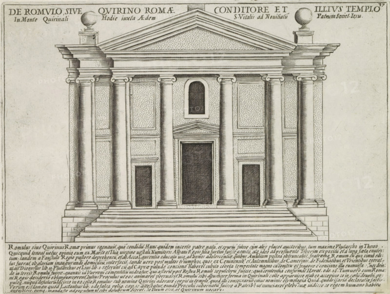 Temple of Quirinus on the Quirinal Hill in Rome, De Venere Genitrice et de Eius Templo in Foro Caesaris, Ancient monuments, Antiquae Urbis Splendor, print, album page, Text in Latin in lower margin. Numbered upper right: 37., printmaker: Jacobus Laurus, Italy, printer (person): Giacomo Mascardi, Rome, in or after 1637, printer (person), paper, etching, height 179 mm x width 233 mm, This print is part of a set of 158 prints (title prints), which appeared in four volumes. Volumes one and two appeared in 1612. The third volume appeared in 1615 and volume four appeared in 1628. In 1637, Vitale Mascardi published the first reissue of the entire set with numbering., temple, shrine, Roman religion, Quirinal, A detailed architectural engraving of a classical temple façade with a wide flight of steps leading up to a raised platform, a central doorway flanked by tall columns with ornate capitals, recessed rectangular panels between the columns, smaller doorways or niches on either side, a triang...