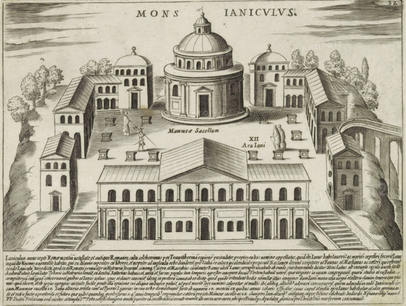 Mons Ianiculus, Buildings on the Janiculum in Rome, Ancient monuments, Antiquae Urbis Splendor, print, album page, View of the Janiculum hill with various buildings. Text in Latin in the lower margin. Numbered upper right: 32., printmaker: Jacobus Laurus, Italy, printer (person): Giacomo Mascardi, Rome, in or after 1637, printer (person), paper, etching, height 179 mm x width 233 mm, This print is part of a set of 158 prints (title prints), which appeared in four parts. Parts one and two appeared in 1612. The third part appeared in 1615 and part four appeared in 1628. In 1637 Vitale Mascardi published the first reissue of the entire set with numbering., representation of real building (either existing or having existed), Janiculum, A black and white engraved view of a hilltop complex with a central domed rotunda surrounded by rectangular buildings, terraces, and stairways, showing arched windows, columned facades, pitched roofs, and small square plinths on the open paved areas, with a ...