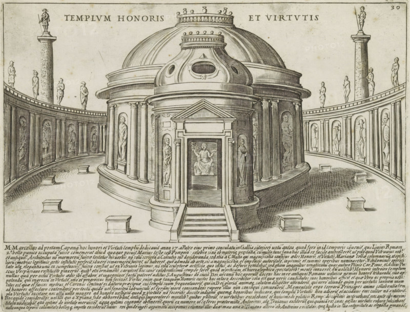 Templum honoris et virtutis, Temple of Honor and Virtue in Rome, Ancient monuments, Antiquae Urbis Splendor, print, album page, View of the Temple of Honor and Virtue in Rome. Text in Latin in the lower margin. Numbered upper right: 30., printmaker: Jacobus Laurus, Italy, printer (person): Giacomo Mascardi, Rome, in or after 1637, printer (person), paper, etching, height 179 mm x width 235 mm, This print is part of a set of 158 prints (title prints), which appeared in four volumes. Volumes one and two appeared in 1612. The third volume appeared in 1615 and volume four appeared in 1628. In 1637, Vitale Mascardi published the first reissue of the entire set with numbering., temple, shrine, Roman religion, representation of a real building (either existing or having existed), A detailed black and white engraving of a classical circular temple with a large domed central structure surrounded by a curved colonnade and balustrade, featuring many niches each holding a standing statue, with col...
