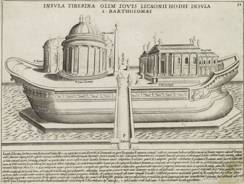 Tiber Island in Rome, Insula Tiberina olim Iovis licanii hodie insula S. Bartholomaei, Antiquae Urbis Splendor, Ancient monuments, print, album page, View of the Tiber Island, an elongated island in the shape of a ship in the southern bend of the River Tiber in Rome. Text in Latin in the lower margin. Numbered upper right: 31., printmaker: Jacobus Laurus, Italy, printer (person): Giacomo Mascardi, Rome, in or after 1637, printer (person), paper, etching, height 176 mm x width 235 mm, This print is part of a set of 158 prints (title prints), which appeared in four volumes. Parts one and two appeared in 1612. The third part appeared in 1615, and part four appeared in 1628. In 1637, Vitale Mascardi published the first reissue of the entire set with numbering., temple, shrine, Roman religion, representation of real building (either existing or having existed), Tiber, Tiber Island, A black and white engraved view of a large boatlike platform floating on water, with architectural structures ...